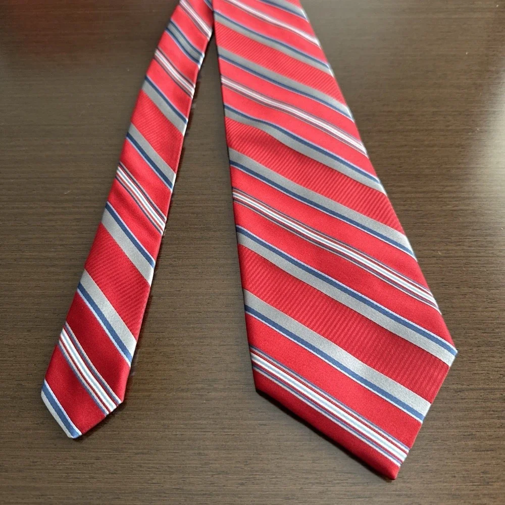 Ashford & Brooks London Handmade 100% Silk Tie Stripes Red /Blue Gray EUC